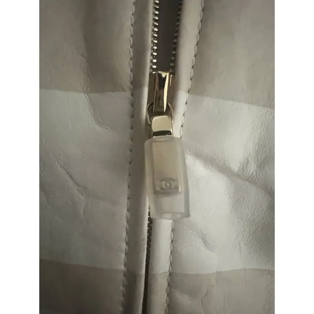 Chanel Lambskin Leather Jacket Women's Size 36 Beige & Gold Stripe Detail Zip